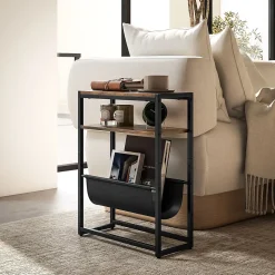 Bout de canapé table d'appoint design industriel - étagère, porte-revues - acier noir effet bois