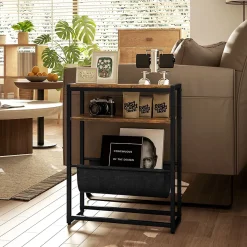Bout de canapé table d'appoint design industriel - étagère, porte-revues - acier noir effet bois