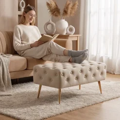 Bout de lit en velours capitonné 80 cm MADRID Beige
