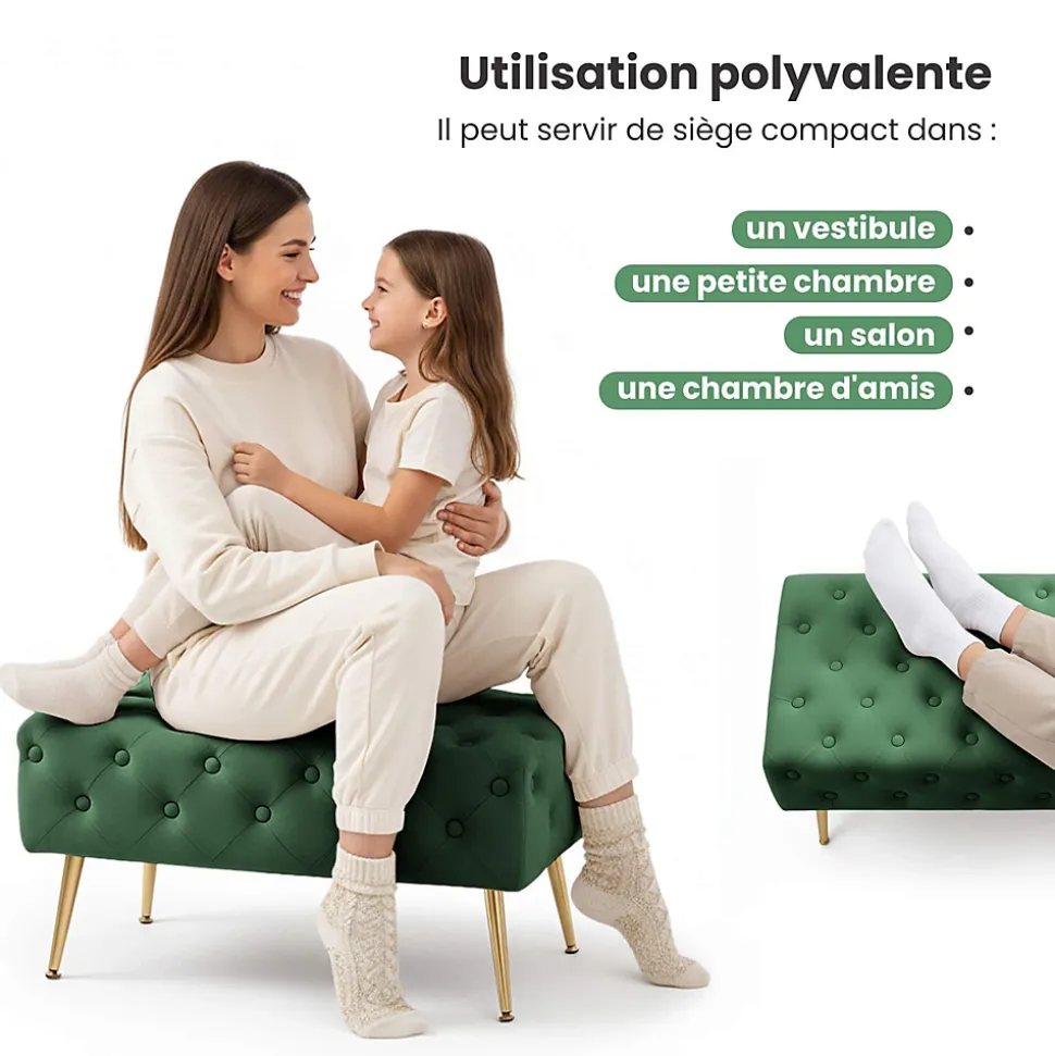 Bout de lit en velours capitonné 80 cm MADRID Vert Bouteille