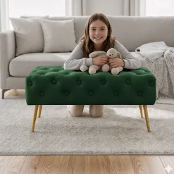 Bout de lit en velours capitonné 80 cm MADRID Vert Bouteille
