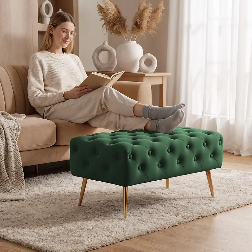Bout de lit en velours capitonné 80 cm MADRID Vert Bouteille