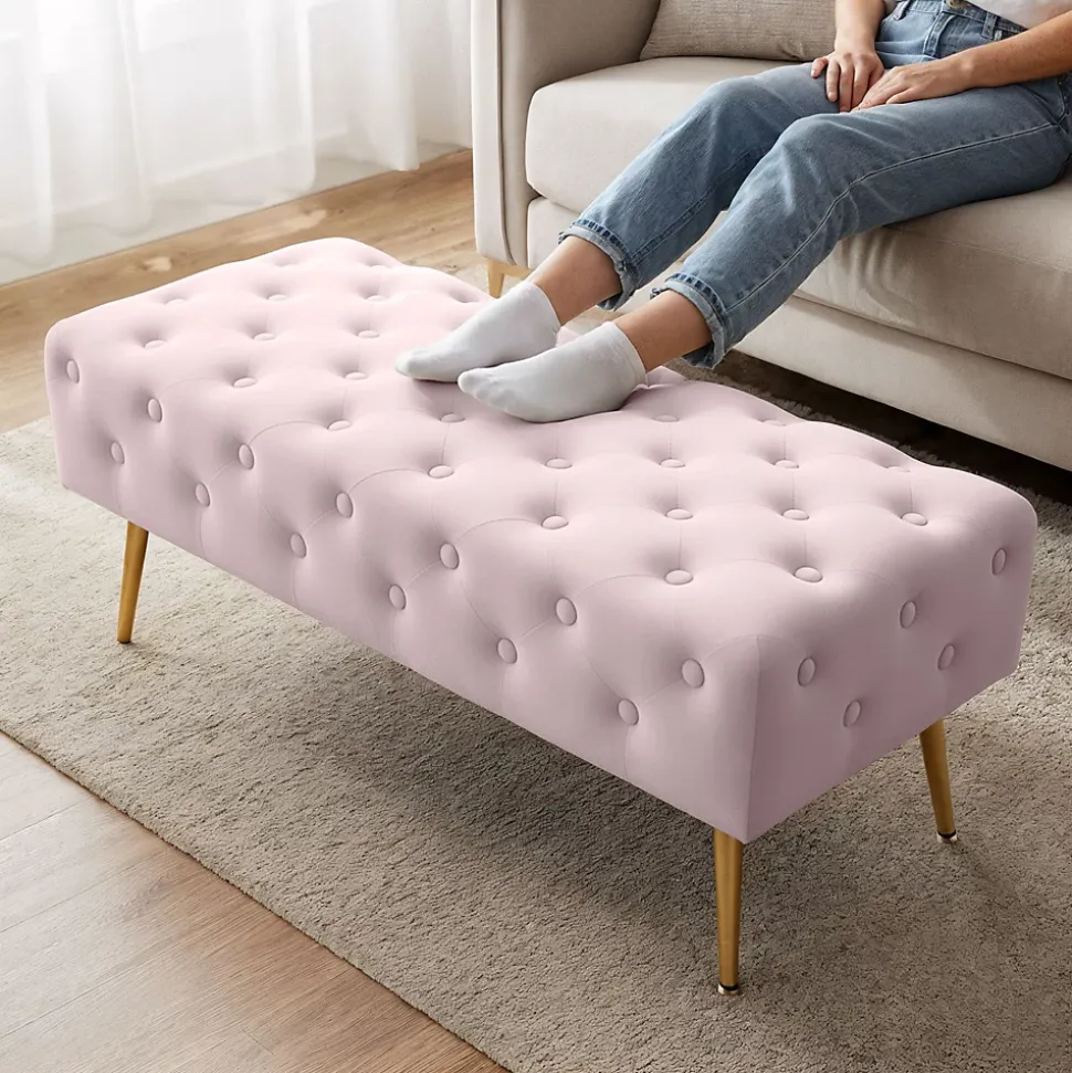 Bout de lit en velours capitonné 100 cm MONACO Rose Poudré