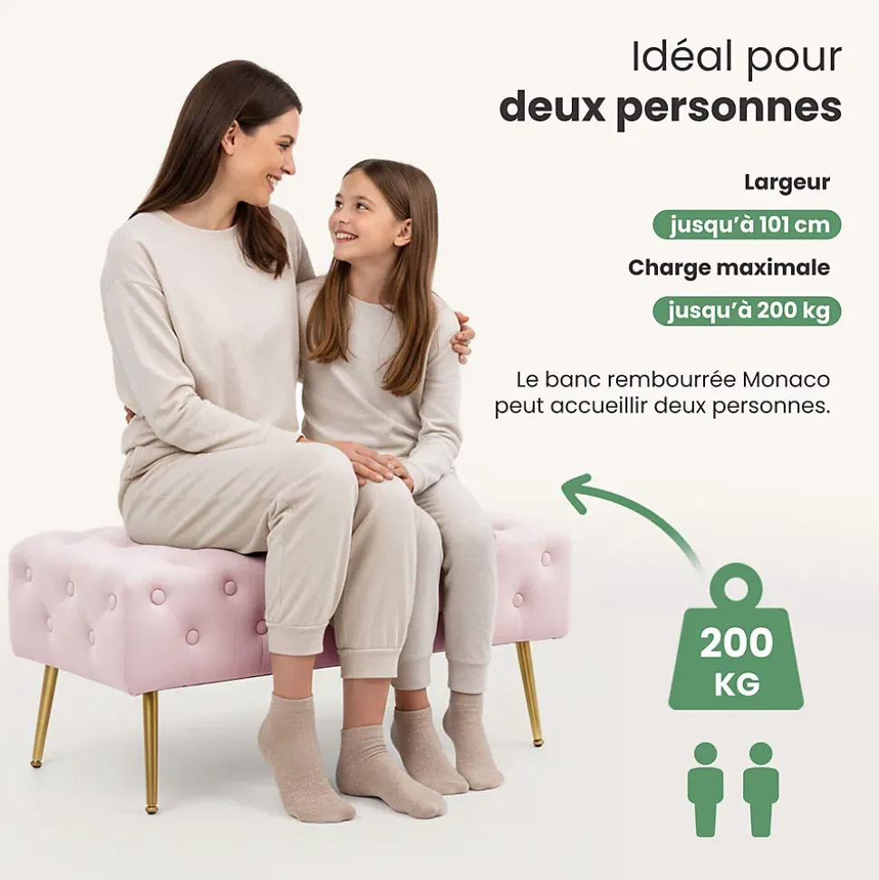 Bout de lit en velours capitonné 100 cm MONACO Rose Poudré