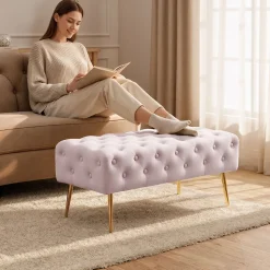 Bout de lit en velours capitonné 100 cm MONACO Rose Poudré