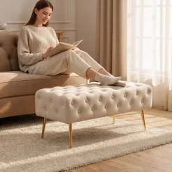 Bout de lit en velours capitonné MONACO 100 cm Beige