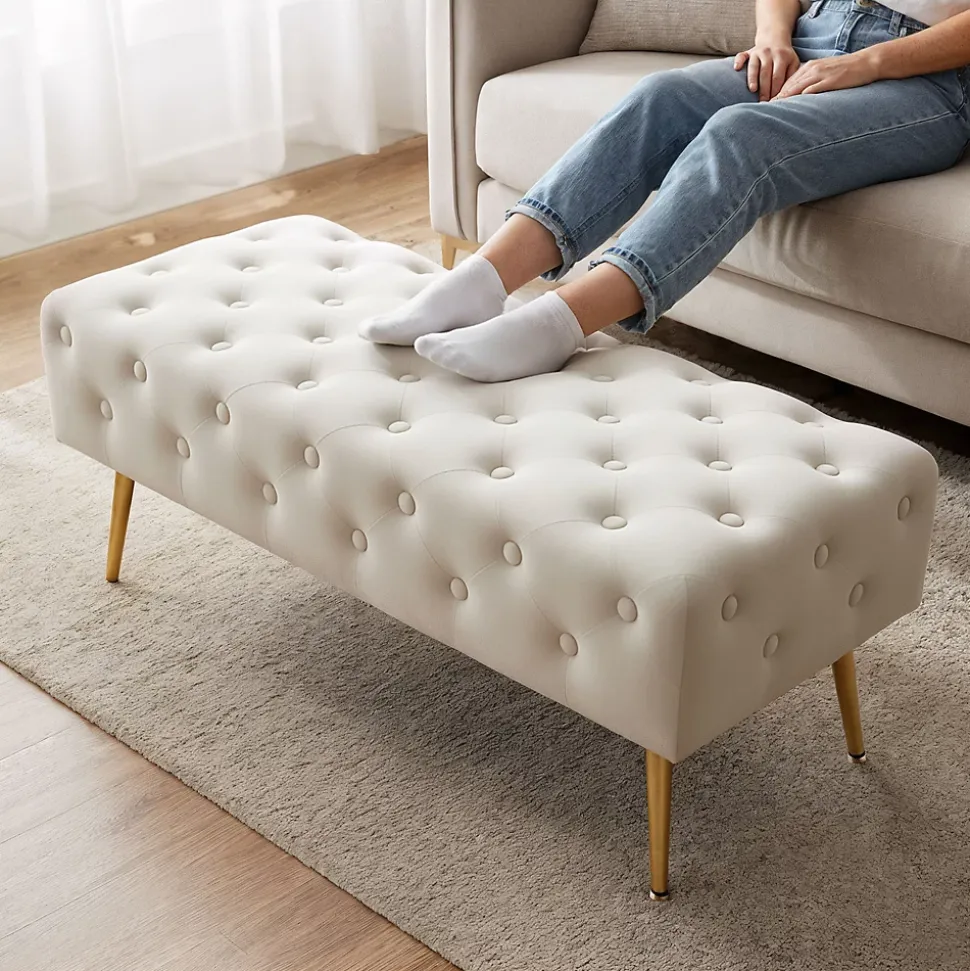 Bout de lit en velours capitonné MONACO 100 cm Beige