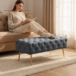 Bout de lit en velours capitonné 100 cm MONACO Gris Foncé