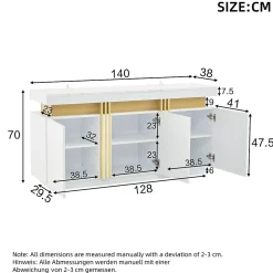 Buffet - 3 Placards et 6 Compartiments avec Séparateurs - Panneau de Particules - 140 x 38 x 70 cm - Blanc Effet Marbre Platine