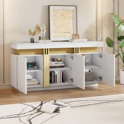 Buffet - 3 Placards et 6 Compartiments avec Séparateurs - Panneau de Particules - 140 x 38 x 70 cm - Blanc Effet Marbre Platine