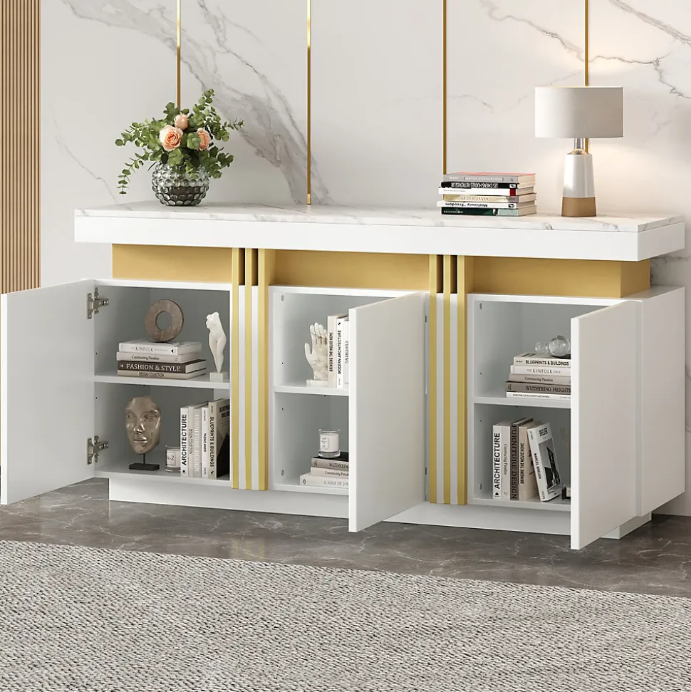 Buffet - 3 Placards et 6 Compartiments avec Séparateurs - Panneau de Particules - 140 x 38 x 70 cm - Blanc Effet Marbre Platine