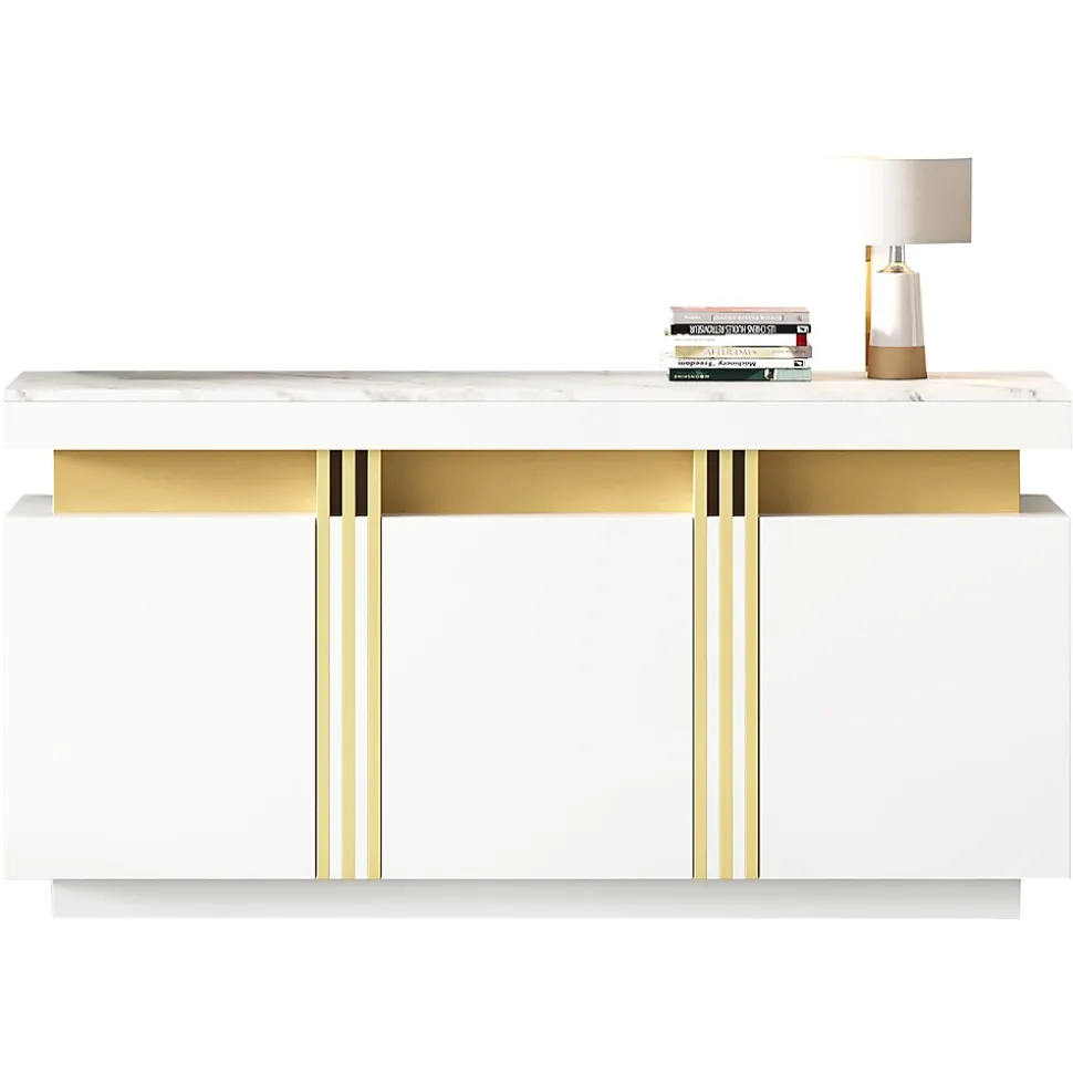 Buffet - 3 Placards et 6 Compartiments avec Séparateurs - Panneau de Particules - 140 x 38 x 70 cm - Blanc Effet Marbre Platine