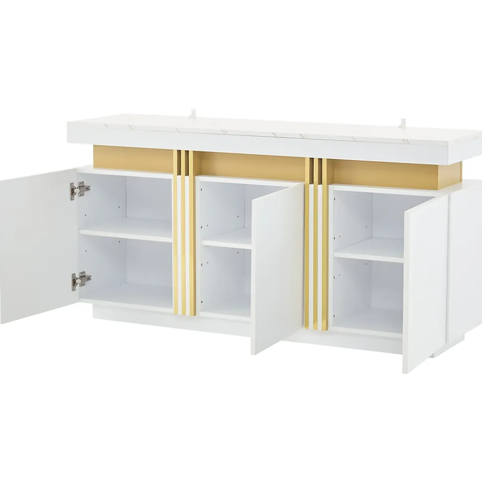 Buffet - 3 Placards et 6 Compartiments avec Séparateurs - Panneau de Particules - 140 x 38 x 70 cm - Blanc Effet Marbre Platine