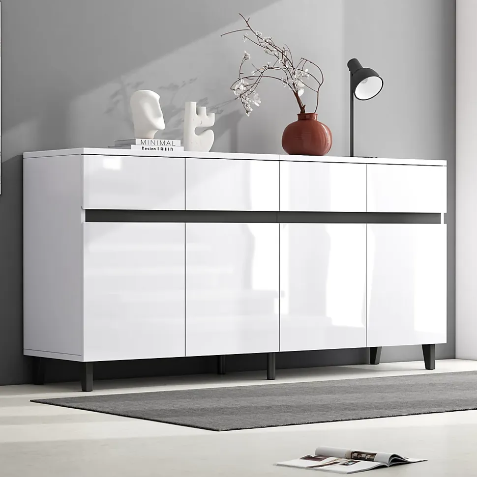 Buffet - Buffet de Cuisine Bar avec 4 Tiroirs et 2 Portes, Étagères Réglables, Spanplatte, Blanc, 160x40x68 cm