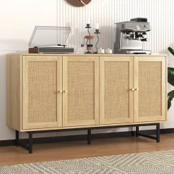 Buffet - Buffet en Bois avec 4 Portes en Rotin, Bahut de Rangement pour Salle à Manger Moderne, 140x39,5x80 cm, Couleur du Bois