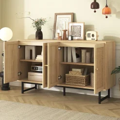 Buffet - Buffet en Bois avec 4 Portes en Rotin, Bahut de Rangement pour Salle à Manger Moderne, 140x39,5x80 cm, Couleur du Bois