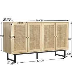 Buffet - Buffet en Bois avec 4 Portes en Rotin, Bahut de Rangement pour Salle à Manger Moderne, 140x39,5x80 cm, Couleur du Bois