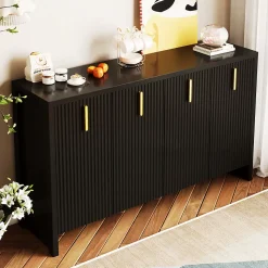 Buffet - Buffet Noir avec 4 Portes et Tiroirs, Bahut de Rangement Contemporain avec Étagères Réglables, 140x38x80 cm, Noir