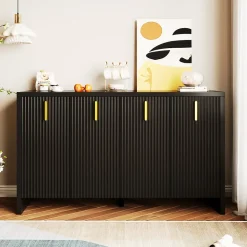 Buffet - Buffet Noir avec 4 Portes et Tiroirs, Bahut de Rangement Contemporain avec Étagères Réglables, 140x38x80 cm, Noir