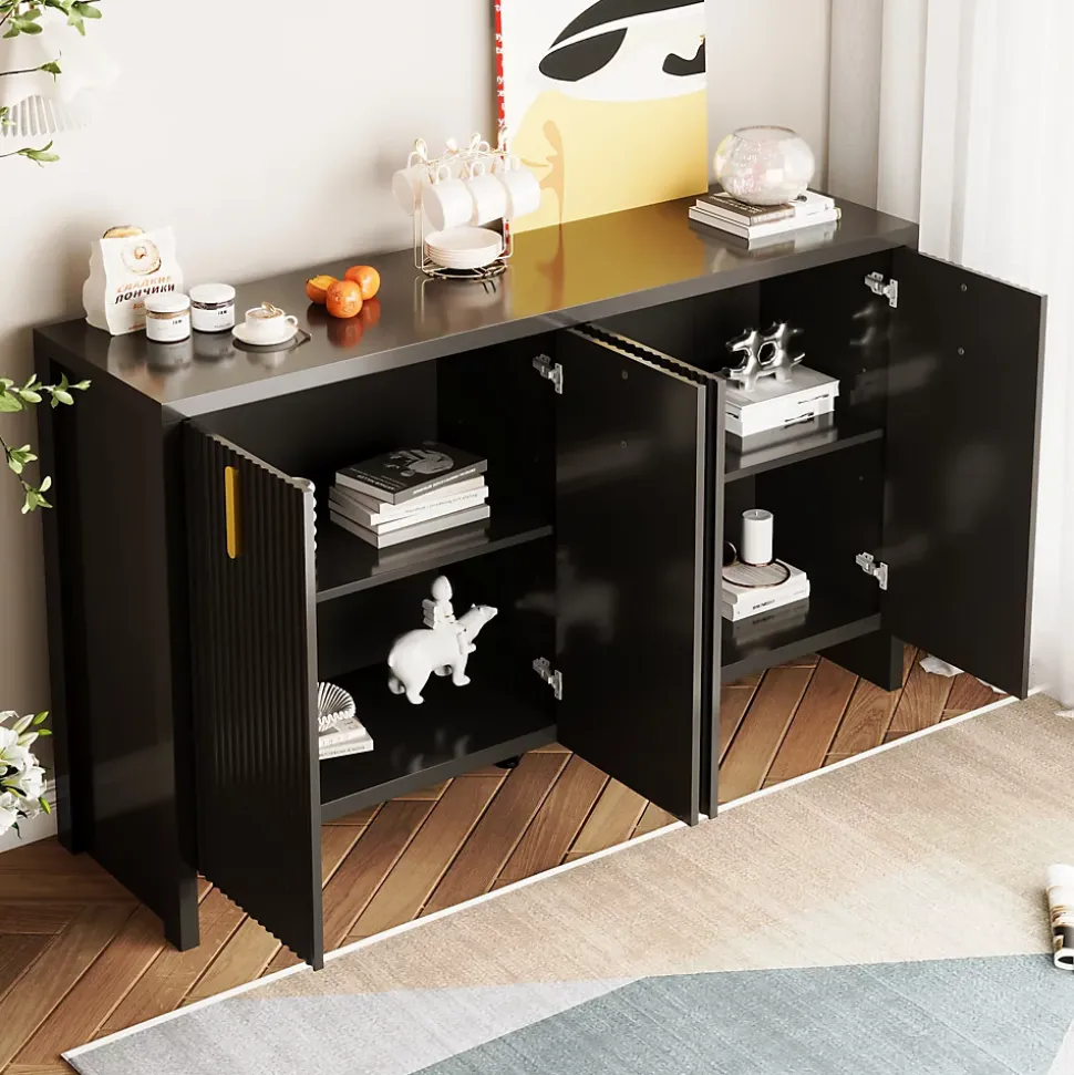 Buffet - Buffet Noir avec 4 Portes et Tiroirs, Bahut de Rangement Contemporain avec Étagères Réglables, 140x38x80 cm, Noir