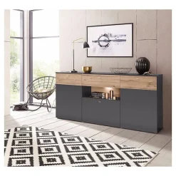 Buffet 195 cm 3 portes 3 tiroirs décor chêne clair et gris - MARBELLA