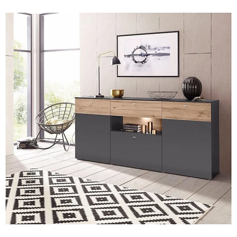 Buffet 195 cm 3 portes 3 tiroirs décor chêne clair et gris - MARBELLA