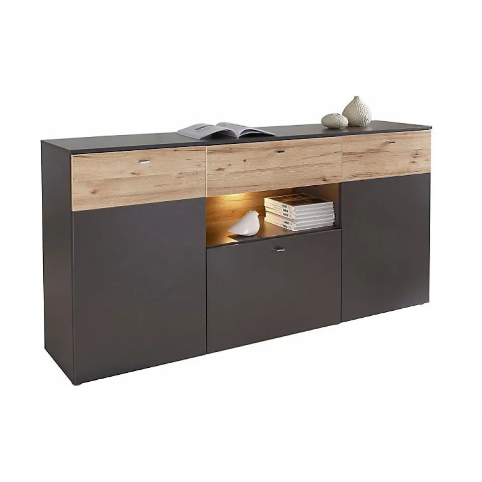 Buffet 195 cm 3 portes 3 tiroirs décor chêne clair et gris - MARBELLA