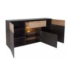 Buffet 195 cm 3 portes 3 tiroirs décor chêne clair et gris - MARBELLA