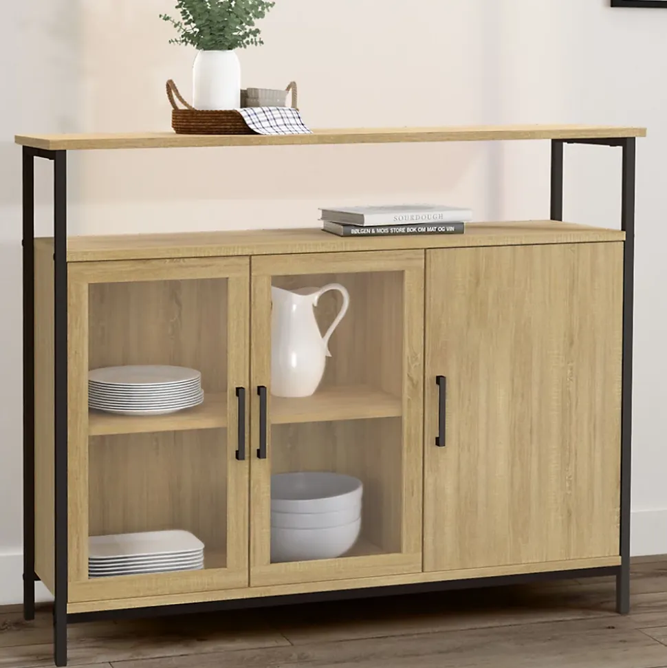 Buffet 100 cm DETROIT 2 portes vitrine avec placards design industriel