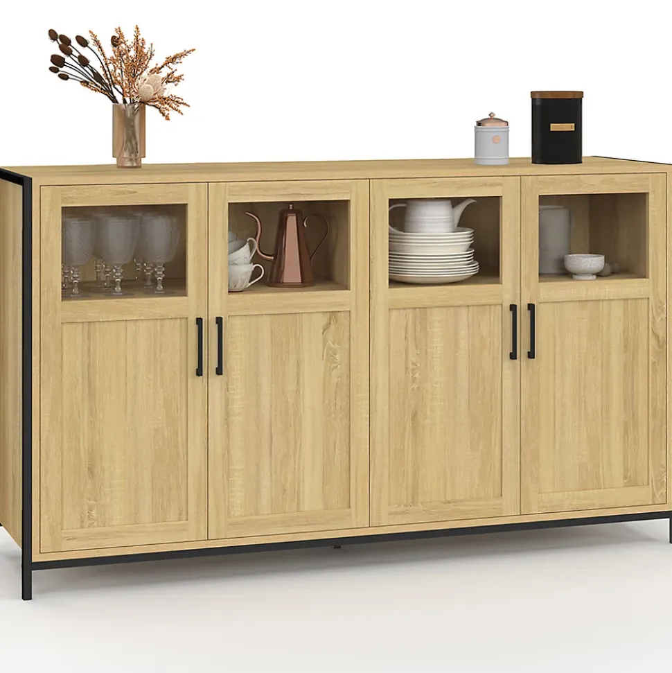 Buffet 140 cm DETROIT 4 portes avec vitrines design industriel
