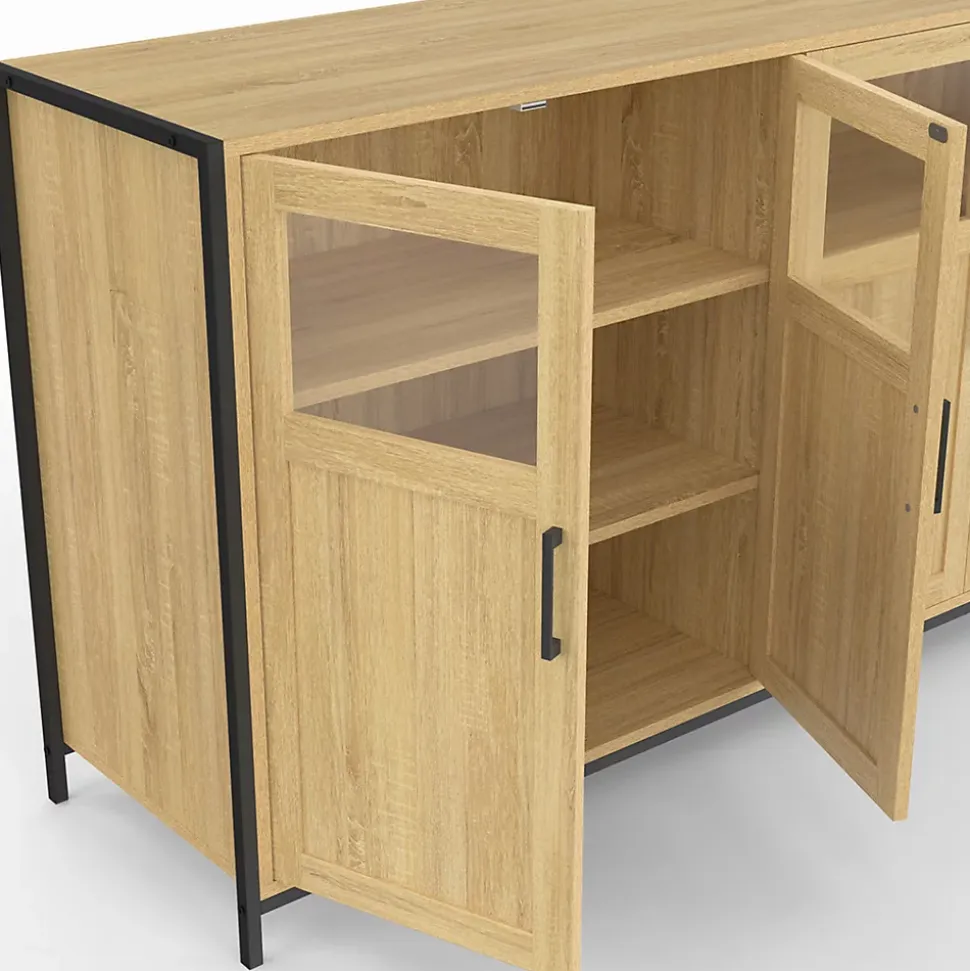 Buffet 140 cm DETROIT 4 portes avec vitrines design industriel