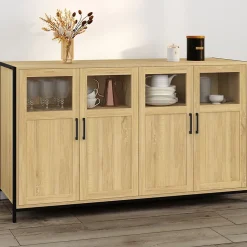 Buffet 140 cm DETROIT 4 portes avec vitrines design industriel