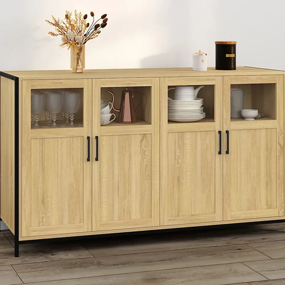 Buffet 140 cm DETROIT 4 portes avec vitrines design industriel