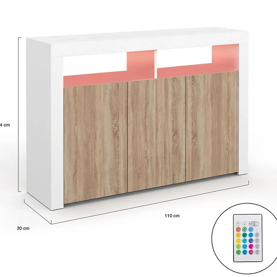 Buffet 110 cm ELIGHT 3 portes avec LED et niches blanc et bois façon hêtre