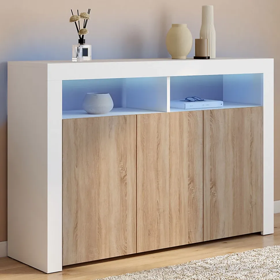 Buffet 110 cm ELIGHT 3 portes avec LED et niches blanc et bois façon hêtre