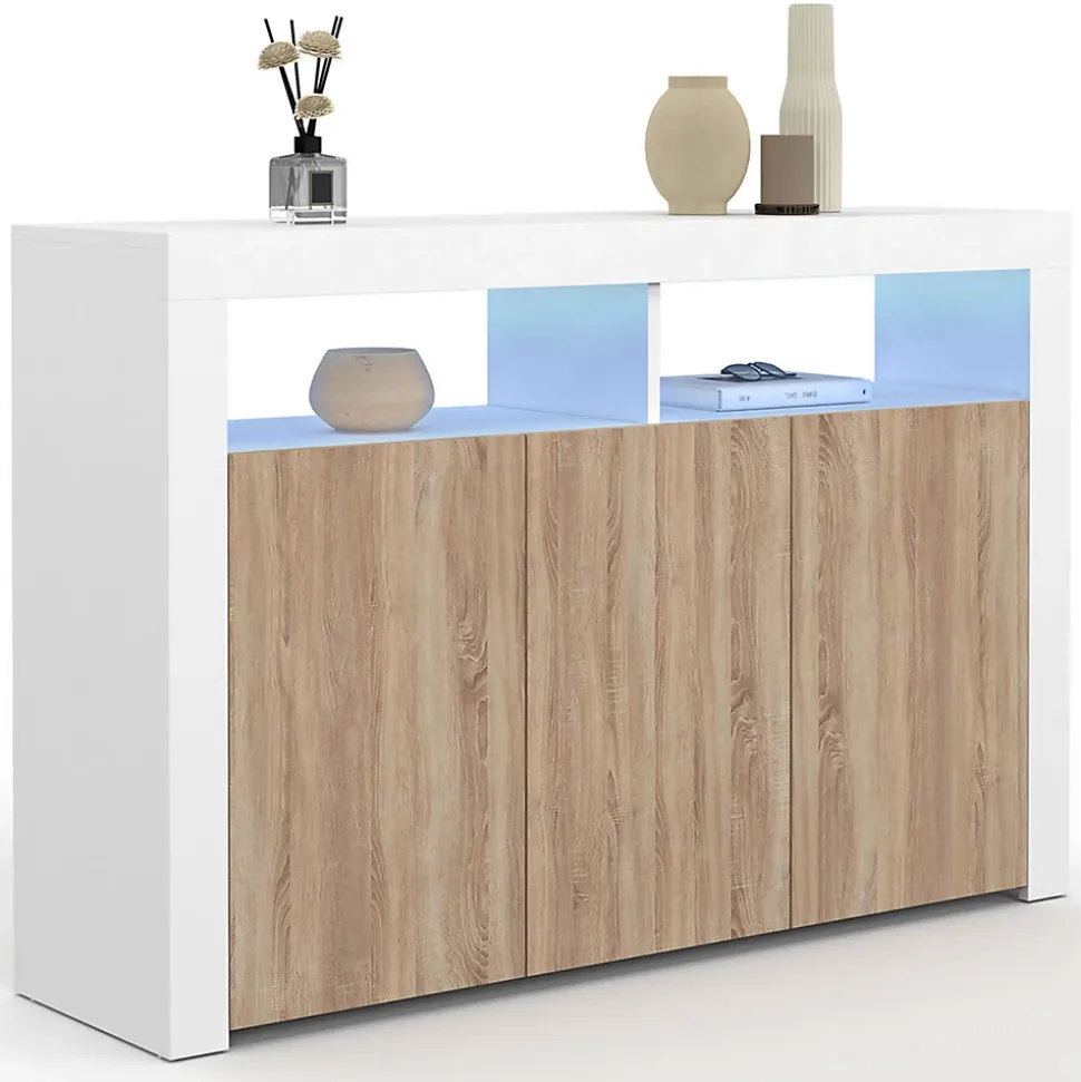 Buffet 110 cm ELIGHT 3 portes avec LED et niches blanc et bois façon hêtre