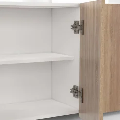 Buffet 110 cm ELIGHT 3 portes avec LED et niches blanc et bois façon hêtre