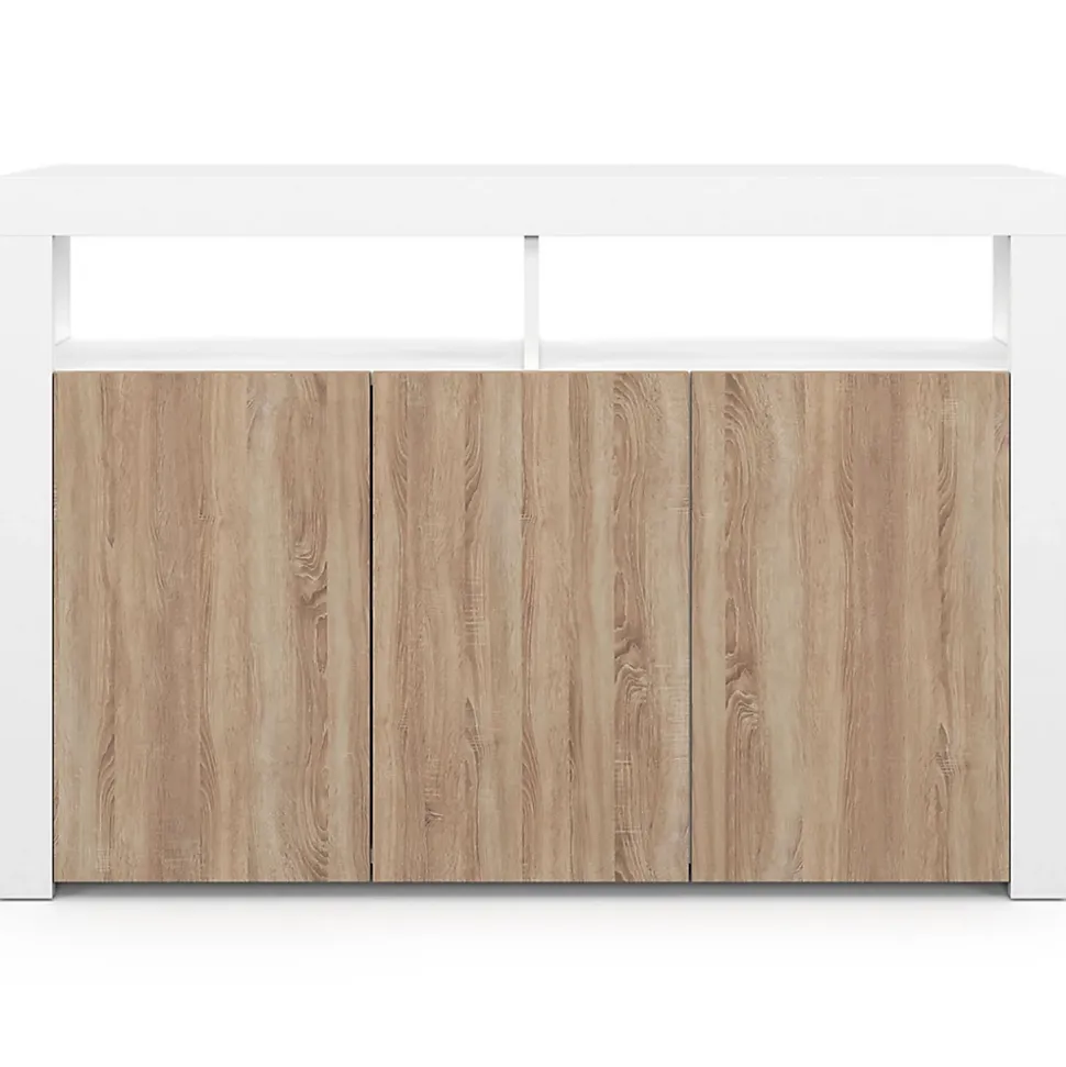 Buffet 110 cm ELIGHT 3 portes avec LED et niches blanc et bois façon hêtre