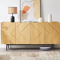 Buffet 160 cm en bois naturel avec incrustations métal, 4 portes sans poignées et pieds 18 cm