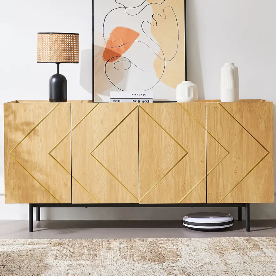Buffet 160 cm en bois naturel avec incrustations métal, 4 portes sans poignées et pieds 18 cm