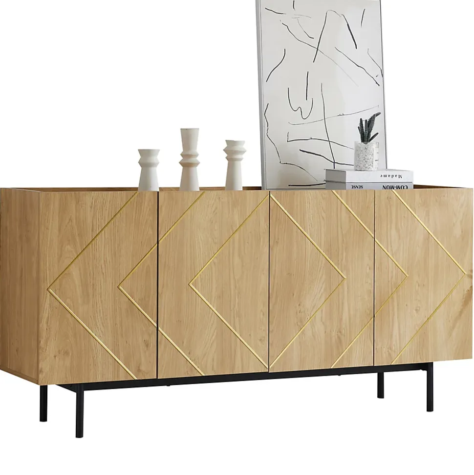 Buffet 160 cm en bois naturel avec incrustations métal, 4 portes sans poignées et pieds 18 cm