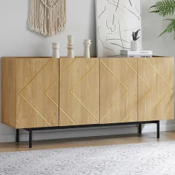 Buffet 160 cm en bois naturel avec incrustations métal, 4 portes sans poignées et pieds 18 cm