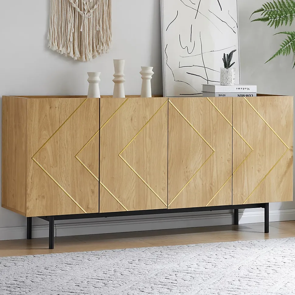 Buffet 160 cm en bois naturel avec incrustations métal, 4 portes sans poignées et pieds 18 cm