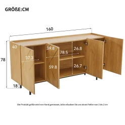 Buffet 160 cm en bois naturel avec incrustations métal, 4 portes sans poignées et pieds 18 cm