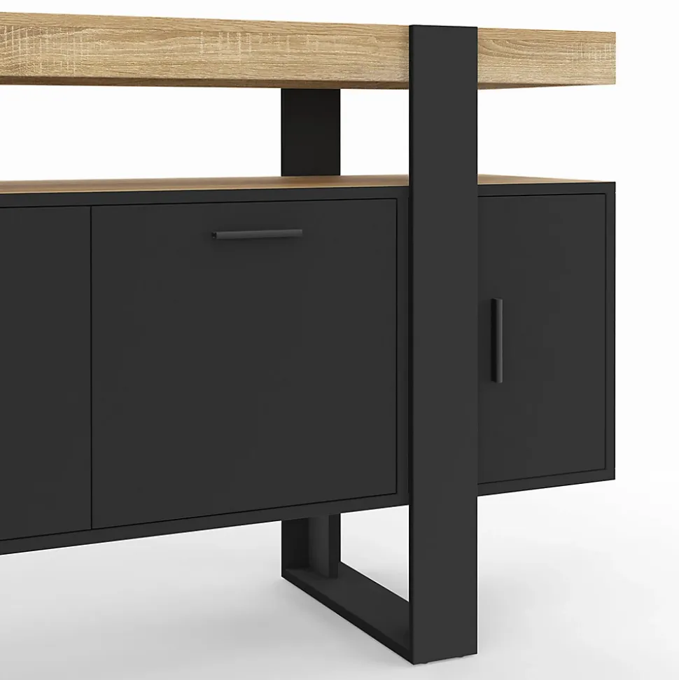 Buffet 140 cm PHOENIX 4 portes noir avec plateau bois
