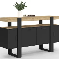 Buffet 140 cm PHOENIX 4 portes noir avec plateau bois