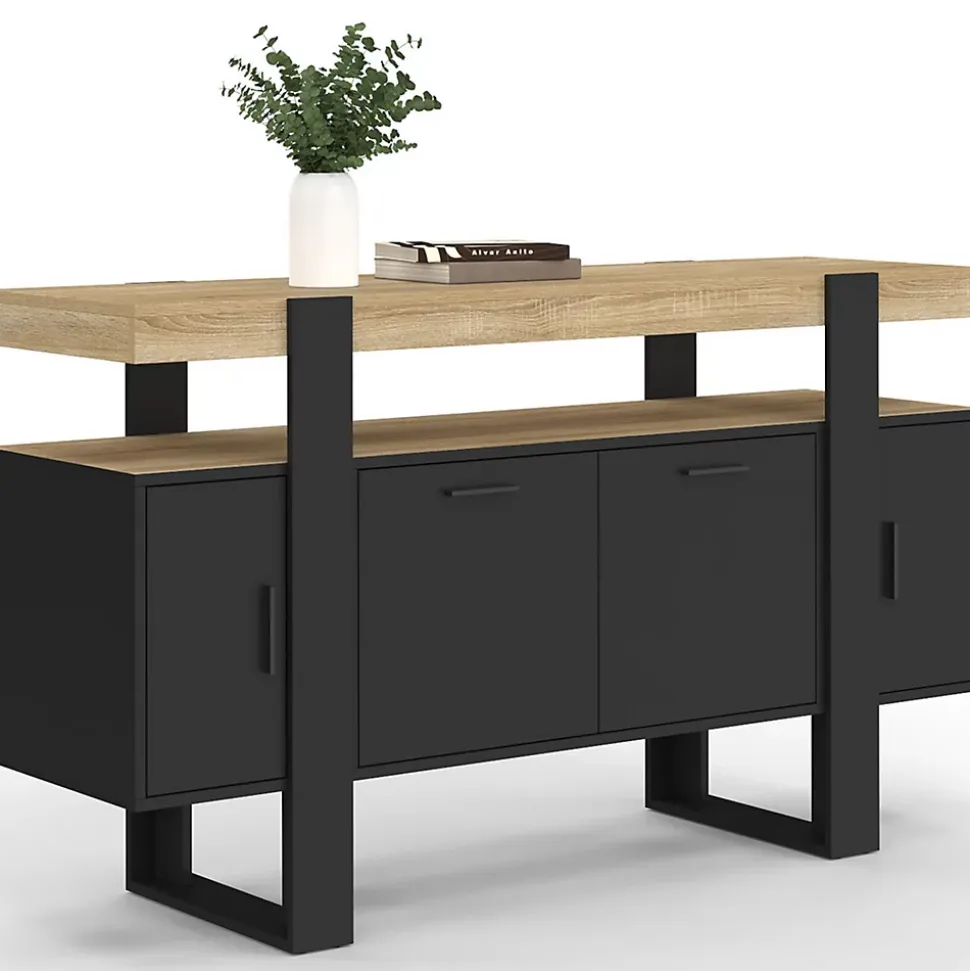 Buffet 140 cm PHOENIX 4 portes noir avec plateau bois