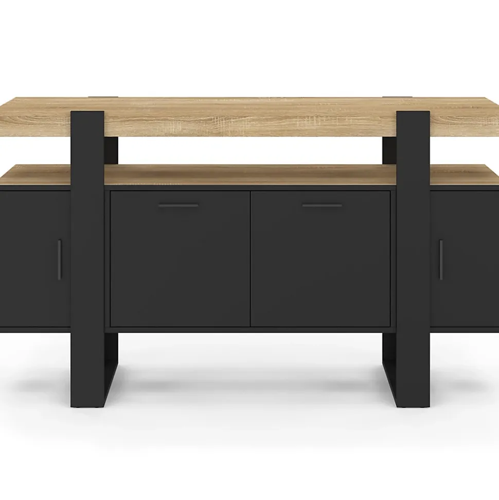 Buffet 140 cm PHOENIX 4 portes noir avec plateau bois