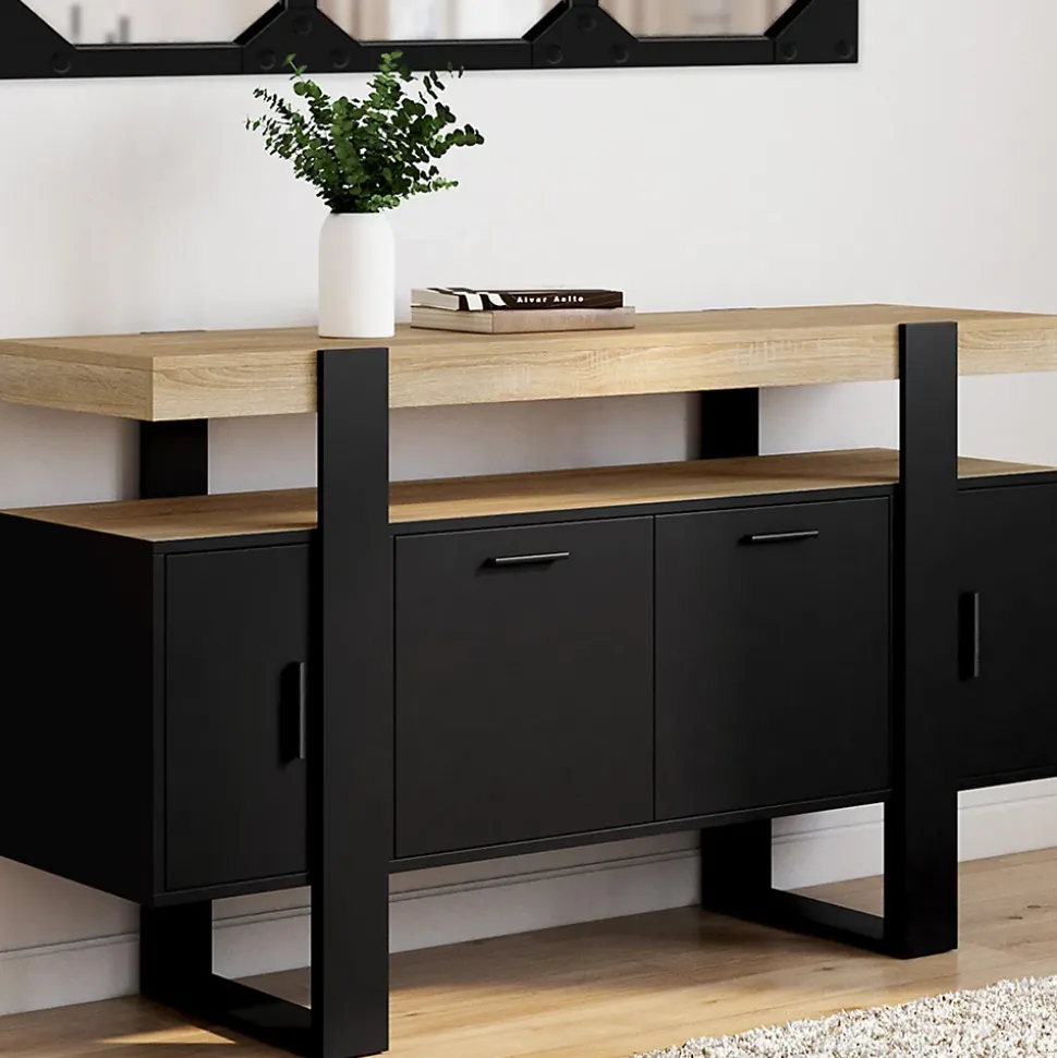 Buffet 140 cm PHOENIX 4 portes noir avec plateau bois