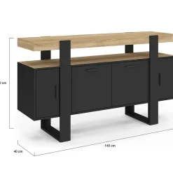 Buffet 140 cm PHOENIX 4 portes noir avec plateau bois